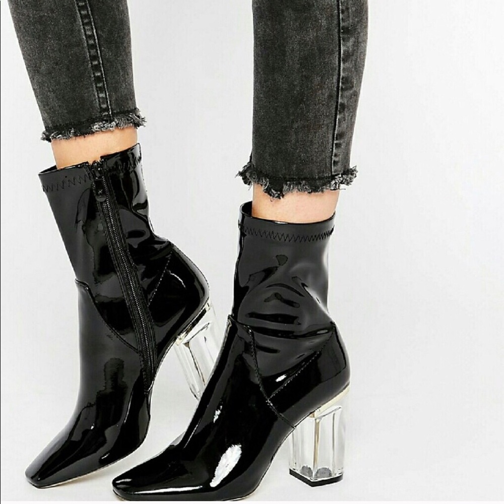 🚫Sold🚫 Black Patent Leather Clear Heel Boots
